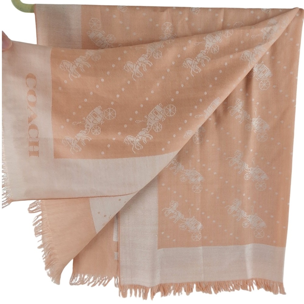 Coach Horse & Carriage Peach Scarf Jacquard Square Fringe Wrap